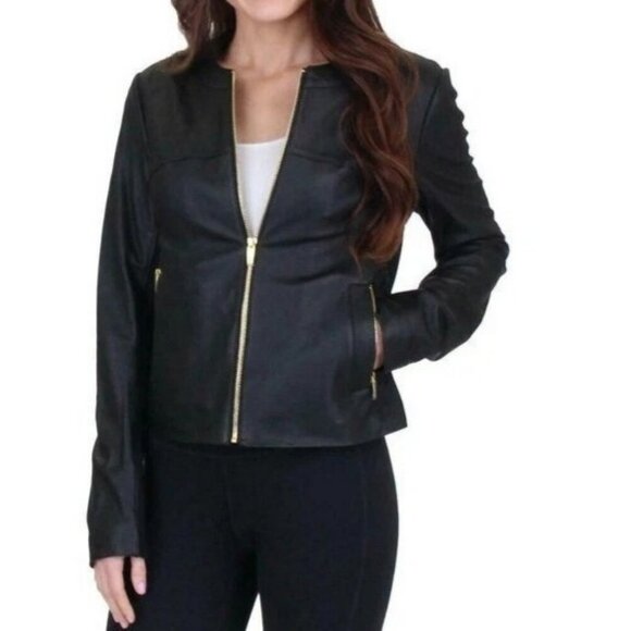 New Via Spiga Black Leather Stretch Fabric Combo Zip Moto Jacket - Picture 1 of 13